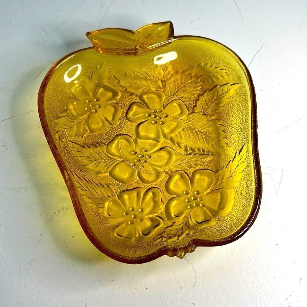 Amber Apple Shape Texture dish Early American Press Glass Hazel Atlas 1970